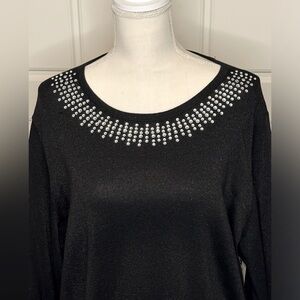 TERRA & SKY LIGHTWEIGHT BLACK SWEATER WITH RHINESTONE ACCENT COLLAR SZ 2X